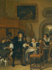 Een heer biedt een glas wijn aan een dame met een stel dat muziek maakt en andere inwoners van de stad in een interieur - Jan Steen — weergave van het kunstwerk