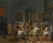 Binnenkant van een kroeg met mensen die drinken en muziek maken - Jan Steen — weergave van het kunstwerk