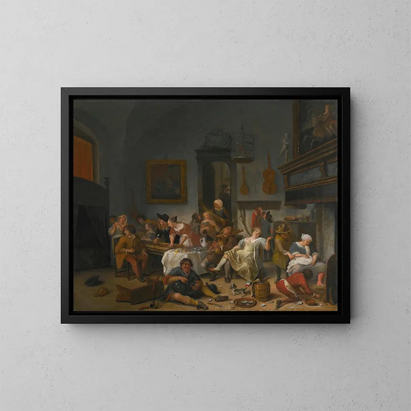 Binnenkant van een kroeg met mensen die drinken en muziek maken - Jan Steen — ingelijst kunstwerk aan de muur