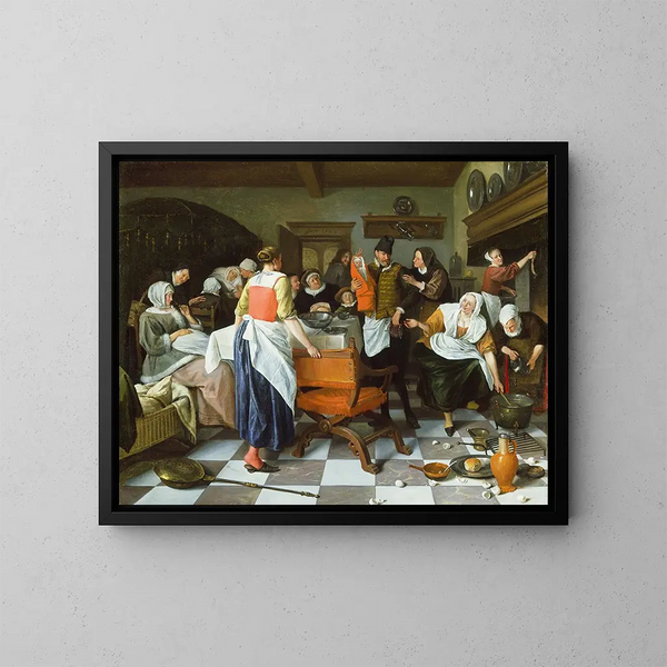 Viering van de geboorte - Jan Steen — ingelijst kunstwerk aan de muur