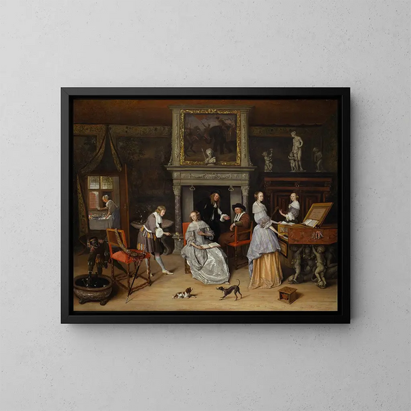 Fantasierijk binnenhuis schilderij met Jan Steen en de familie van Gerrit Schouten - Jan Steen — ingelijst kunstwerk aan de muur