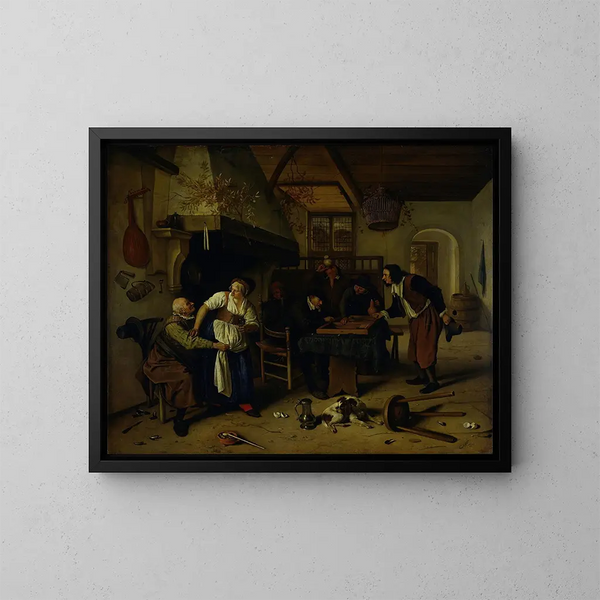 Binnenlandschap van een herberg met een oude man die plezier heeft met de uitbater en twee mannen die backgammon spelen, bekend als Twee soorten spellen - Jan Steen — ingelijst kunstwerk aan de muur