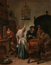 Binnenkant met een vrouw die een papegaai voedt die bekend staat als De Papegaaienkooi - Jan Steen — weergave van het kunstwerk
