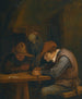 Landbouwers drinkend en tabak snijdend in een herberg - Jan Steen — weergave van het kunstwerk