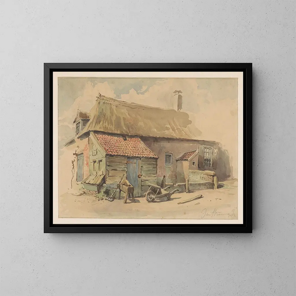 House of a peasant with a wooden construction, a wheelbarrow, and a mill - Jan Striening — framed artwork on a wall