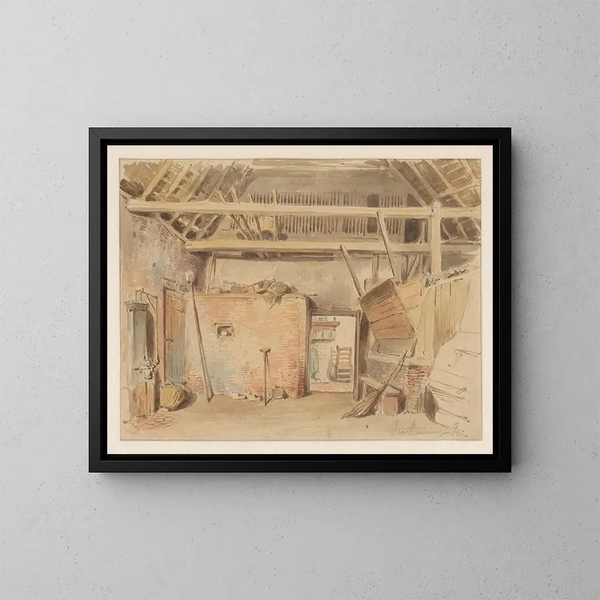 Interior of a barn with view of the kitchen - Jan Striening — framed artwork on a wall