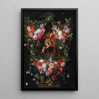 Jan Van Kessel The Elder - A wreath of flowers surrounding a cartouche with the Holy Family and putti.webp