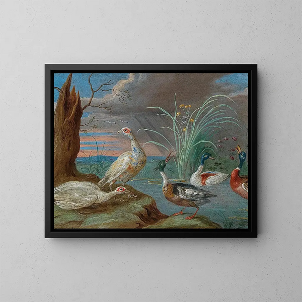 Ducks and other birds near a pond - Jan van Kessel the Elder — framed artwork on a wall