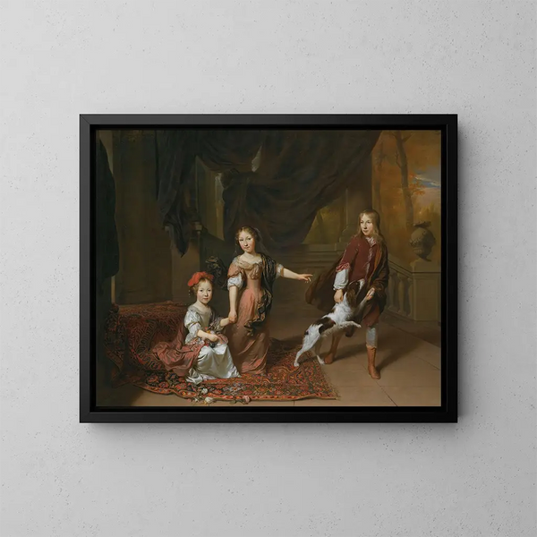 A portrait of two sisters and their brother playing with a dog - Jan Verkolje — framed artwork on a wall