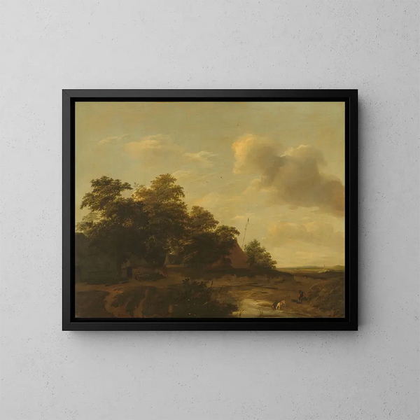 Landscape Painting with a Farm - Jan Vermeer van Haarlem the Elder — framed artwork on a wall