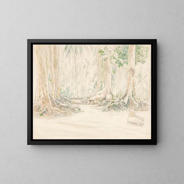 View between trees in an Indian forest - Jan Veth — framed artwork on a wall