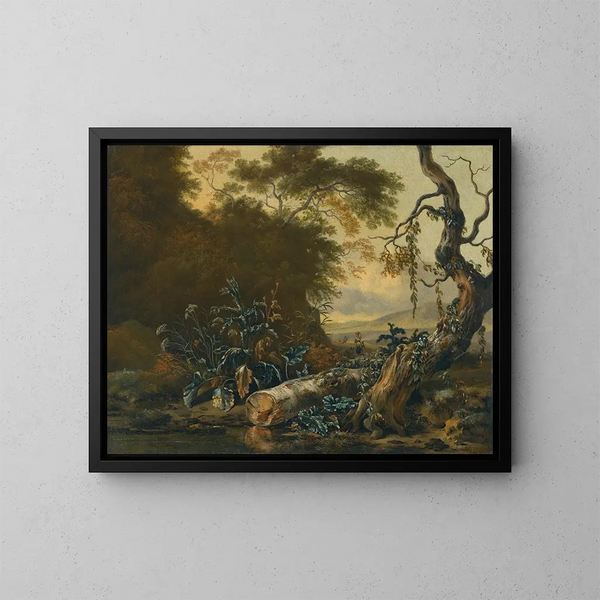 a landscape with trees and foliage by a pond - Jan Wijnants — framed artwork on a wall