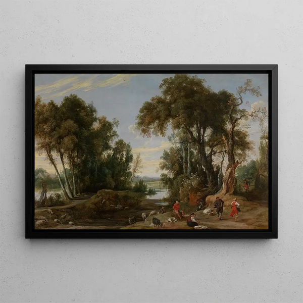 Landscape painting with dancing shepherds - Jan Wildens — framed artwork on a wall