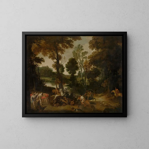 Landscape with the Hunt of Meleager and Atalanta - Jan Wildens — framed artwork on a wall