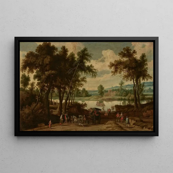 Landscape Painting with a Carriage Carrying Passengers and a Ferry Crossing - Jan Wildens — framed artwork on a wall
