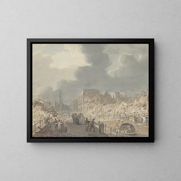 View of the runes on the Rapenburg in Leiden after the powder ship explosion on January 12, 1807 - Jan Willem Pieneman — framed artwork on a wall