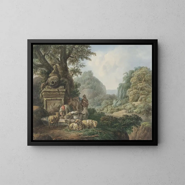 Landscape painting with shepherds near a water point - Jan Willem Pieneman — framed artwork on a wall