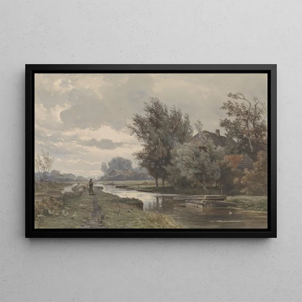 Jan Willem van Borselen - Herder met schapen bij boerderij aan water.webp