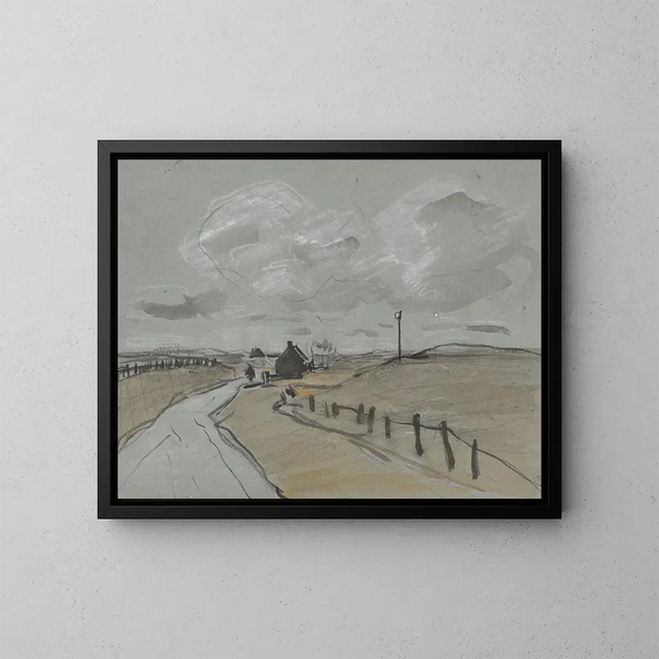 View along a path with high banks and fences - Jan van Essen — framed artwork on a wall