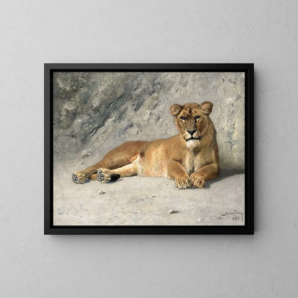 Lionne au repos - Jan van Essen — framed artwork on a wall