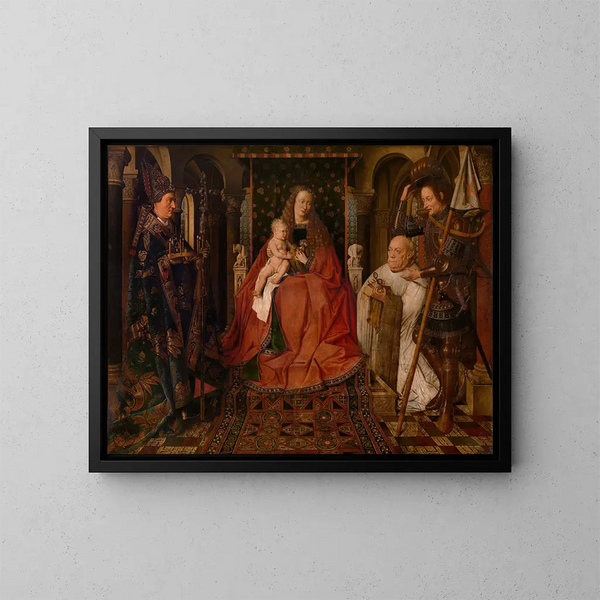 Madonna surrounded by Saint George, Saint Donatien of Reims, and the donor, Canon Van der Paele - Jan van Eyck — framed artwork on a wall