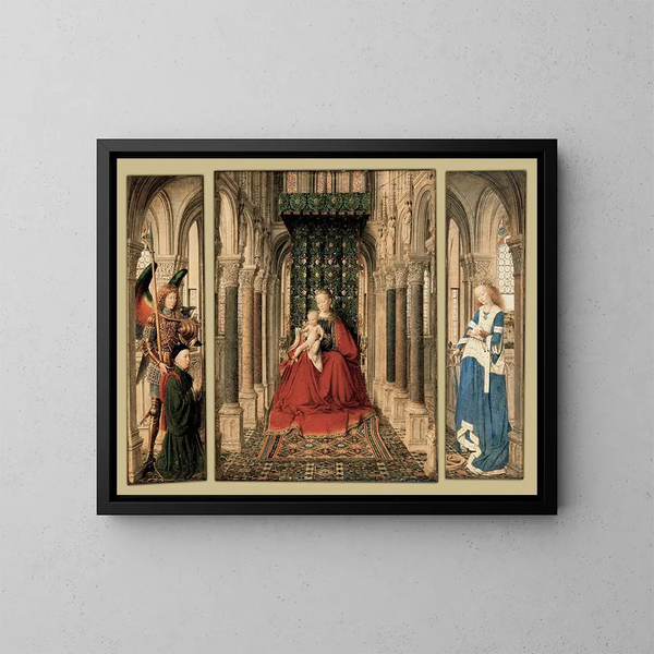 Triptych of Mary and the Child, Saint Michael and Catherine - Jan van Eyck — framed artwork on a wall