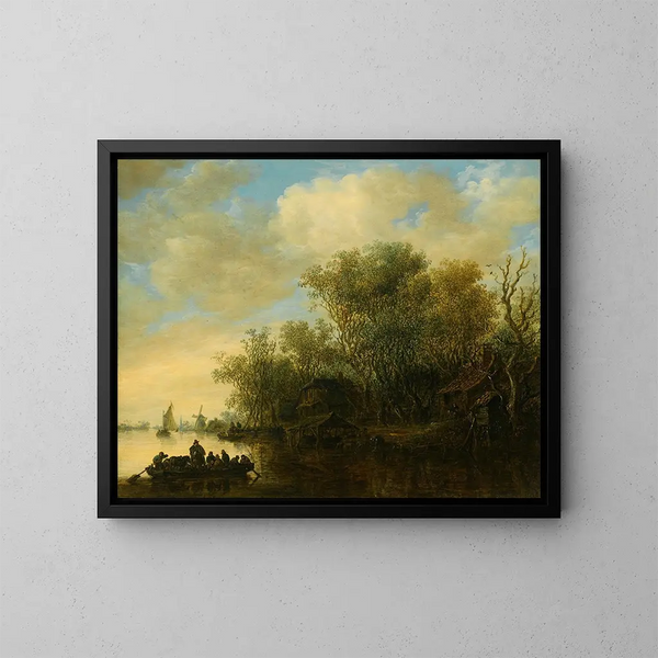 a river landscape with a fully loaded ferry approaching a lively shore - Jan van Goyen — framed artwork on a wall