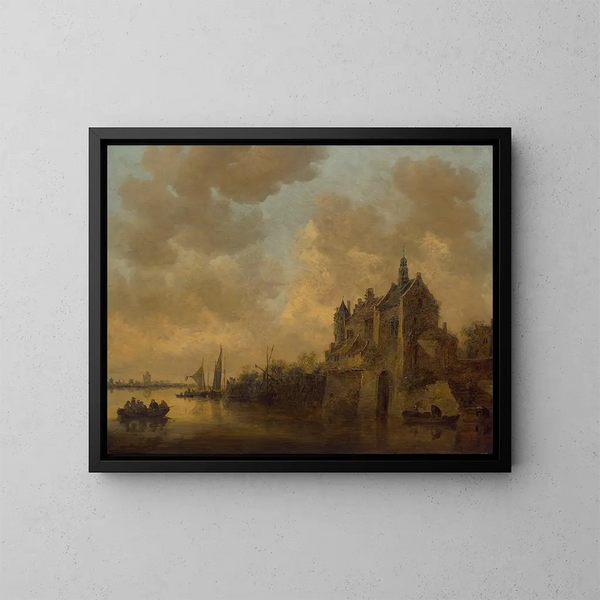 A river landscape with a manor, boats, and other vessels - Jan van Goyen — framed artwork on a wall