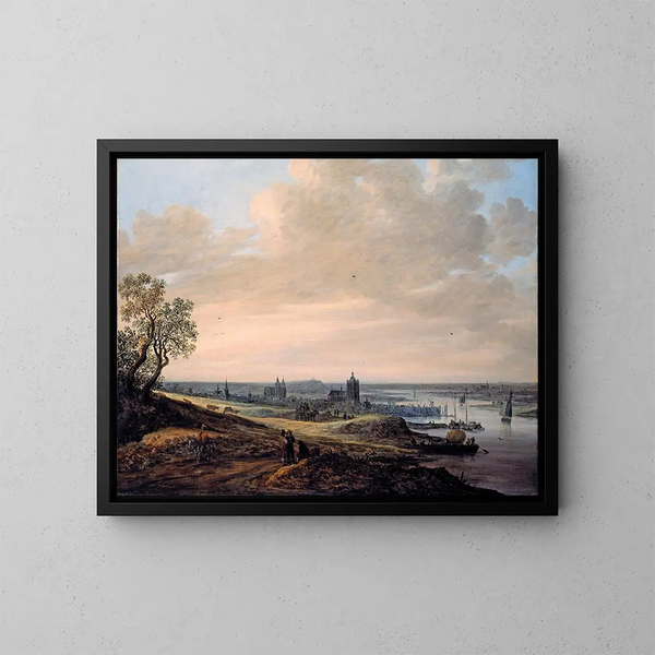 Panorama landscape painting with view of Arnhem - Jan van Goyen — framed artwork on a wall