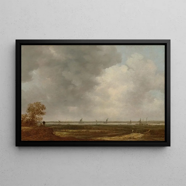 Panoramisch uitzicht op een rivier met lage weiden - Jan van Goyen — ingelijst kunstwerk aan de muur