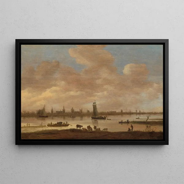 van een denkbeeldige stad aan de andere kant van een rivier met de toren van Saint-Pol in Vianen - Jan van Goyen — ingelijst kunstwerk aan de muur
