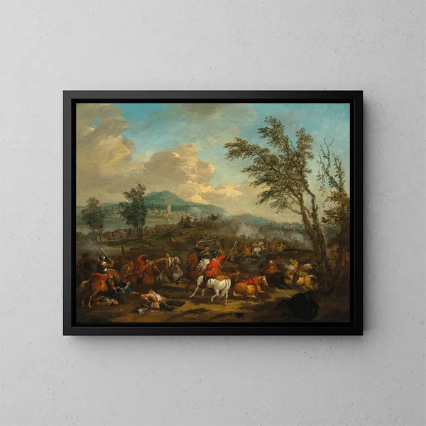 A cavalry skirmish - Jan van Huchtenburg — framed artwork on a wall