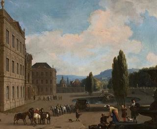 Jan van Huchtenburg - Palace courtyard with a fountains a carriage and people.webp