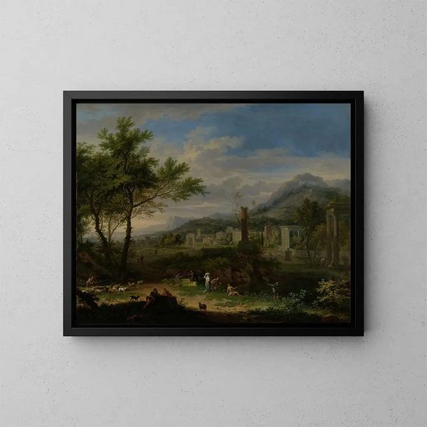 Landscape Arcadian with Fishermen - Jan van Huysum — framed artwork on a wall