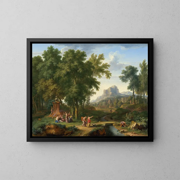 Landscape painting with a bust of Flora - Jan van Huysum — framed artwork on a wall