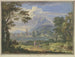 Landschapskunstdruk met een Italiaanse stad nabij een hoge berg, rechts de ruïne van een tempel, op de voorgrond twee figuren en een hond - Jan van Huysum — weergave van het kunstwerk