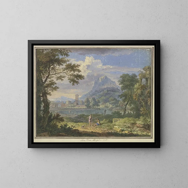 Landscape with an Italian city near a high mountain, on the right the ruin of a temple, in the foreground two figures and a dog - Jan van Huysum — framed artwork on a wall