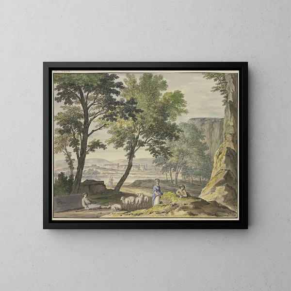 Elegant landscape painting with shepherds and a distant city - Jan van Huysum — framed artwork on a wall