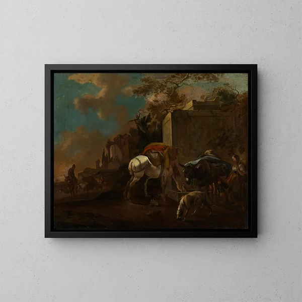 Landschap met boeren en vee bij een put - Jan van Ossenbeeck — ingelijst kunstwerk aan de muur