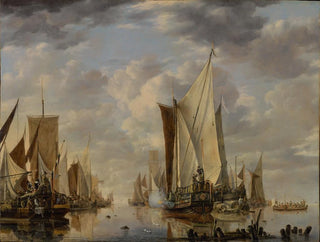 Jan van de Cappelle - Shipping in a Calm at Flushing with a States General Yacht Firing a Salute.webp