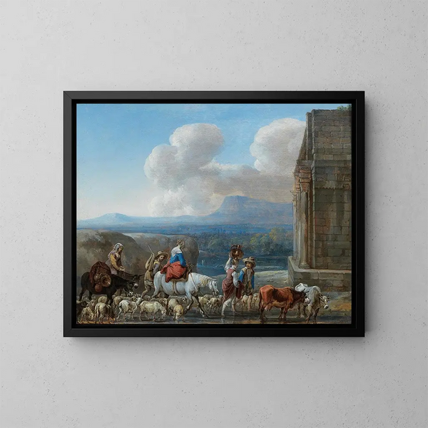 van Bergers en reizigers bij een triomfboog in het Romeinse platteland - Jan van den Hecke — ingelijst kunstwerk aan de muur