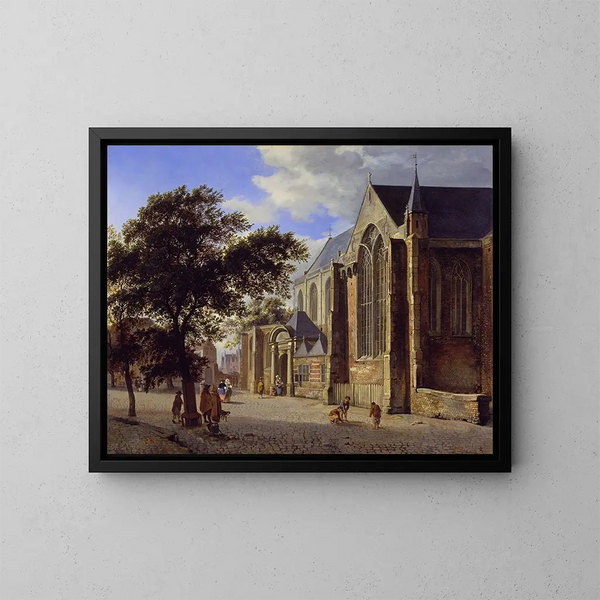 Exterior painting of a church - Jan van der Heyden — framed artwork on a wall