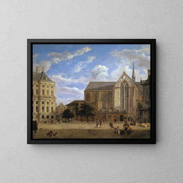 The Dam in Amsterdam towards the City Hall and the Nieuwe Kerk - Jan van der Heyden — framed artwork on a wall