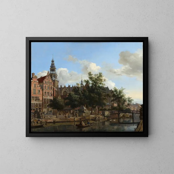 View of the Oudezijds Voorburgwal with the Oude Kerk in Amsterdam - Jan van der Heyden — framed artwork on a wall