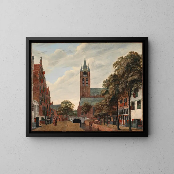 View of the Oude Delft canal in Delft - Jan van der Heyden — framed artwork on a wall