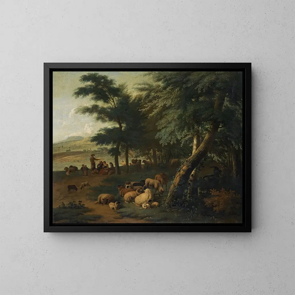 Bergers reposant avec leur troupeau au bord d'un bois - Jan van der Meer le Jeune — framed artwork on a wall