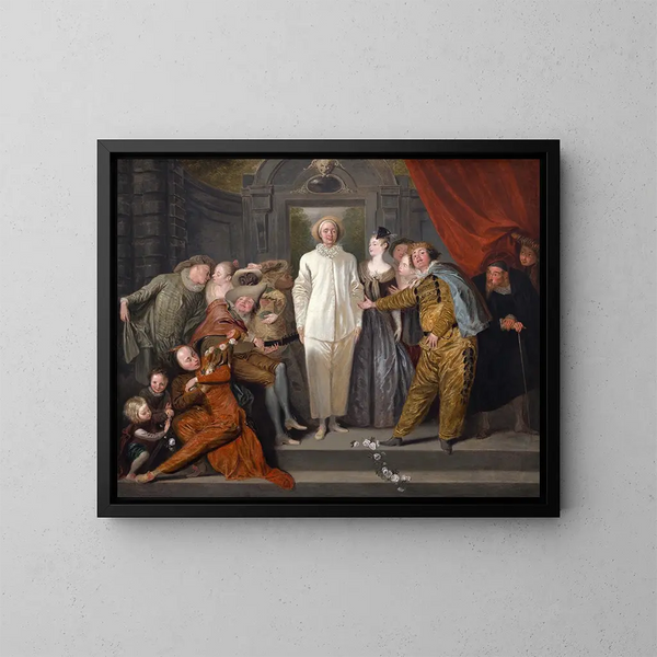 Les Comédiens italiens - Jean-Antoine Watteau — framed artwork on a wall
