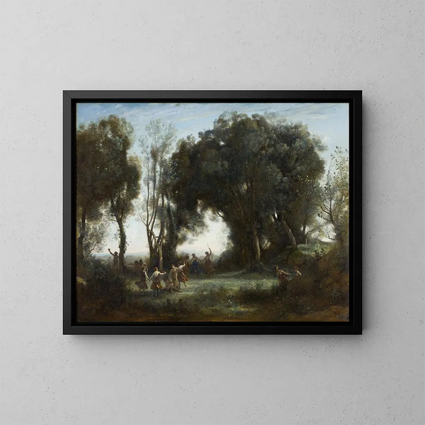 a Morning, the Dance of Nymphs - Jean-Baptiste-Camille Corot — framed artwork on a wall
