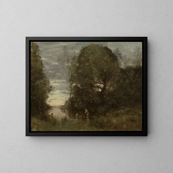Bathers in a wooded cove - Jean-Baptiste-Camille Corot — framed artwork on a wall