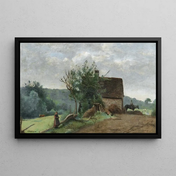 boerderijplein met een ruiter en een klein meisje op de voorgrond - Jean-Baptiste-Camille Corot — ingelijst kunstwerk aan de muur